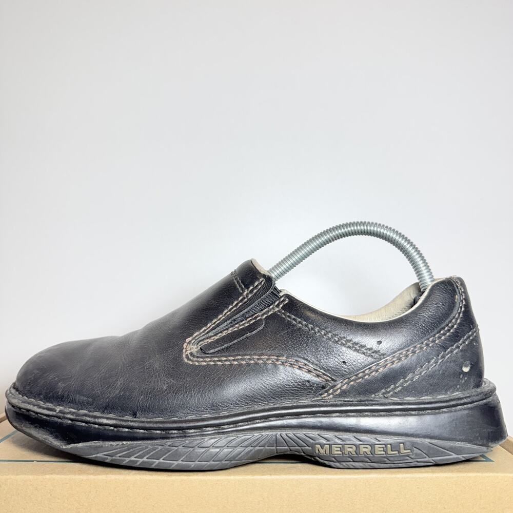 Merrell Mens 9 Black Leather Slip On Shoes Jungle Moc Casual Walking Loafers